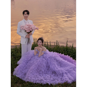 Purple Strapless Tulle Ball Gown Natural Waistline Wedding Dress For Photoshoot - Product Image 3