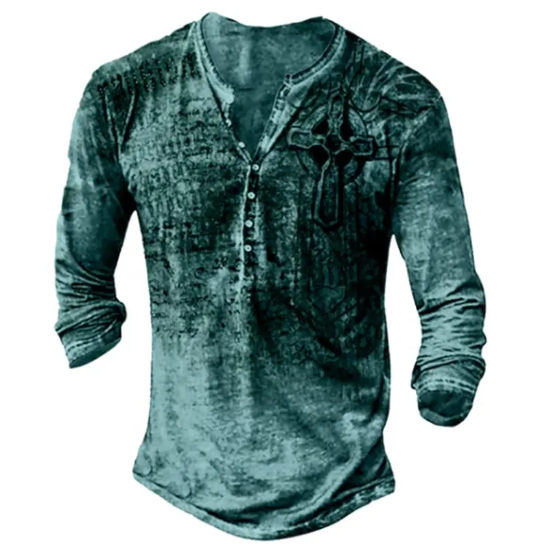 Henley Shirt Graphic Prints Casual Daily Button-Down Print Long Sleeve Tops Breathable Big and Tall Green Black Yellow