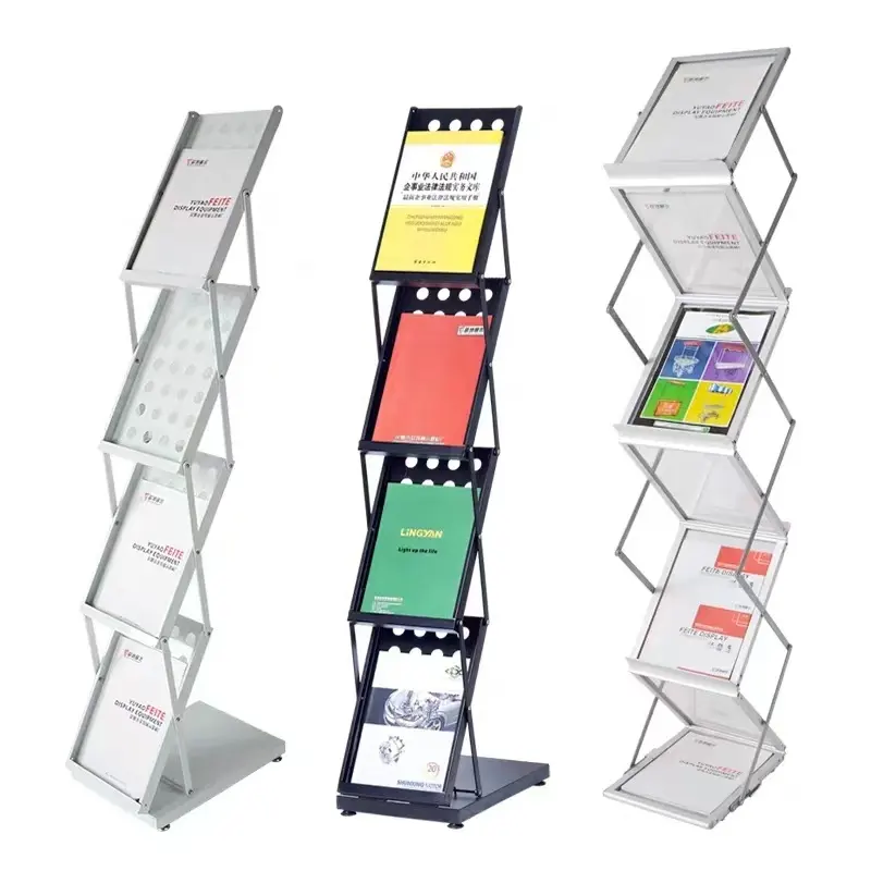 Alumínio Metal Brochura Foldable Literatura Display Stand A4 Tamanho Catálogo Revista Promoção Floor Display Rack