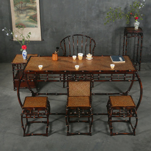 Chinese <b>Bamboo</b> Tea Table Set Ming Song Style Oblong Rattan Top Metal Frame 4 Seater Restaurant Furniture - Product Image 2