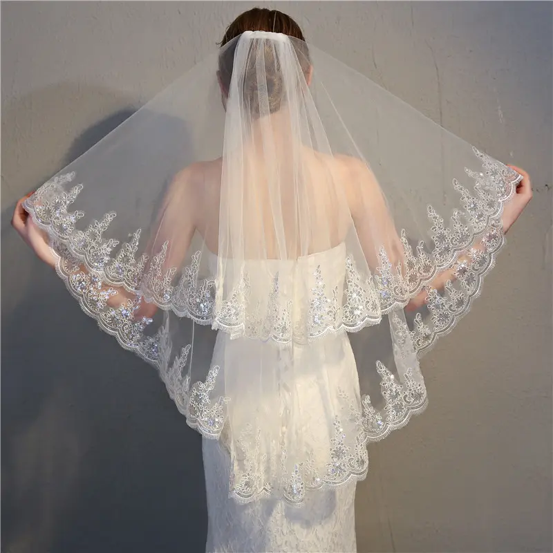 Luxo branco novo véu curto 2 camadas véus lantejoula diamante casamento acessórios
