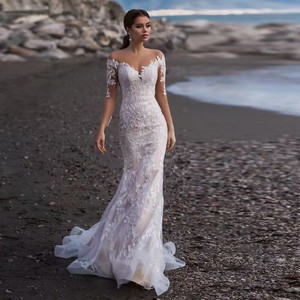 Wedding Dress Off The Shoulder Mermaid Silhouette Floral Lace Train Pure White Ivory Sweetheart Neckline Natural Waistline - Product Image 1