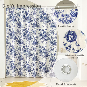 Rideau <span class=keywords><strong>de</strong></span> douche en polyester imperméable à motif floral <span class=keywords><strong>chinoiserie</strong></span> bleu et blanc style ferme <span class=keywords><strong>Toile</strong></span> <span class=keywords><strong>de</strong></span> <span class=keywords><strong>Jouy</strong></span> vintage français, tissage gaufré losanges, 12 - Product Image 3