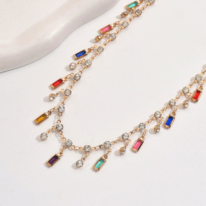 Japanese and Korean retro-style <b>light</b> luxury exquisite <b>rainbow</b> candy-colored square rhinestone pendant necklace, elegant and - Product Image 4