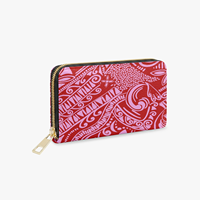 Dompet Panjang Resleting Motif Polinesia Ungu Beige Wanita, Dompet Kulit PU, Dompet Koin & Kartu Wanita Tropis