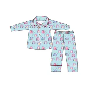 热销彩虹印花童装两件套长款精品优质儿童睡衣长袖男童睡衣