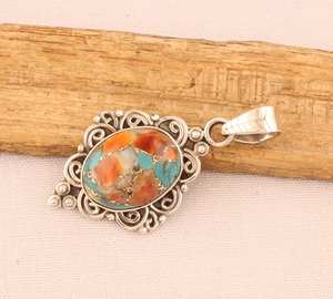 925 Sterling Silver Oyster Cuivre Turquoise Collier Pendentif pour Femmes À La Main Ovale Gemme Bohème Pendentif - Product Image 2