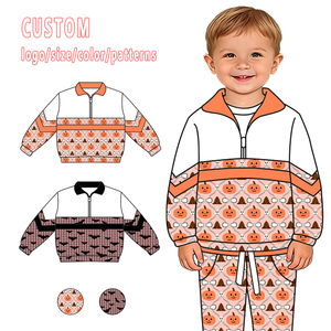 Ensemble de vêtements d'Halloween personnalisés pour tout-petits garçons et filles, sweat-shirt à demi-zip et pantalon de jogging imprimés citrouille, fantôme, chauve-souris - Product Image 1