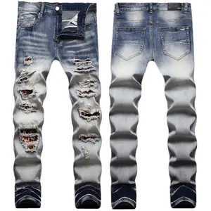 AeeDenim factory Custom OEM Logo Light-colored damaged patch to make old elastic slim fit skinny fashion men's Denim jeans