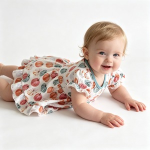 Vestitino Pagliaccetto per Neonata con Stampa <span class=keywords><strong>Zucca</strong></span>, Maniche Corte con Volant e Bordo Teal, Personalizzabile, Outfit Estivo per Bambine, Abbigliamento Quotidiano - Product Image 5