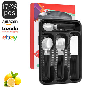 Ensemble de couverts en acier inoxydable de style sud-américain, 25 pièces, cuillère/fourchette à dessert à manche en plastique incliné, ensemble de couteaux et fourchettes à steak - Product Image 2