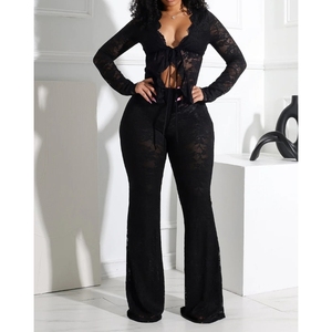 Women's <b>Sexy</b> Tie Hollow Cardigan Long Sleeve Lace Shirt Long Pants 2 Piece <b>Set</b> Fashion - Product Image 5