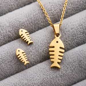 New Fashion Bridal Wedding Gift 14K Gold Plated Stainless Steel Fish Bone <b>Wing</b> Horse Flower Pendant Necklace <b>Earrings</b> Jewelry - Product Image 6
