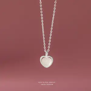 Romantic 925 Sterling Silver Fashion Necklaces Jewelry Hollow White Gemstone Heart Shape Pendant Necklace