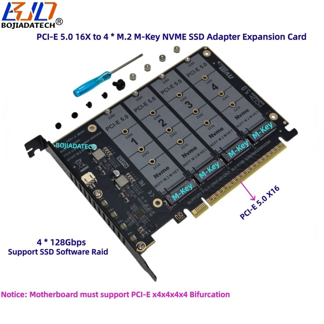PCI-E 5.0 16X to 4 * M.2 NGFF M-Key 2280 M2 NVME SSD Converter Adapter Card GEN5 512Gbps MB Support PCIe X4x4x4x4 Bifurcation