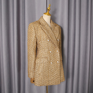 <span class=keywords><strong>Blazer</strong></span> Cruzado de Tweed Dorado para <span class=keywords><strong>Mujer</strong></span> - Elegante Chaqueta de Traje Formal de Longitud Media con Botones de Perla Sehe Fashion - Product Image 4