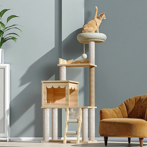 Arbres à chat en bois naturel, tour de jeu avec <span class=keywords><strong>griffoir</strong></span>, structure d'escalade intérieure pour chats, hamacs - Product Image 6