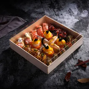 Biologisch abbaubare Einweg-Sushi-Box aus Holz Bento Lunch Catering Mahlzeit Kuchen Gebäck Tablett Lebensmittel behälter mit transparentem Deckel