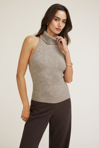 Débardeur d'été décontracté pour femme, sans manches, <span class=keywords><strong>col</strong></span> <span class=keywords><strong>montant</strong></span>, en maille côtelée, avec logo frontal, <span class=keywords><strong>beige</strong></span> chiné, ajusté, dos ouvert - Product Image 4