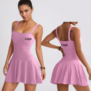 Robes de tennis une pièce rembourrées unies avec logo personnalisé pour femmes, col rond, short intégré, dos nu, golf, badminton, grande taille, robe d'été - Product Image 1