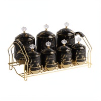 Ensemble de pots à épices en céramique marbrée noire et or de luxe, 7 pièces, pot à sucre, café, thé en porcelaine plaqué or avec couvercle en cristal et support