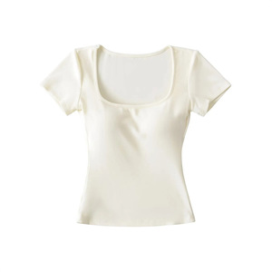 T-shirt <span class=keywords><strong>basic</strong></span> da donna con scollo rotondo, imbottitura sul petto, traspirante, elasticizzato in quattro direzioni, vestibilità slim, crop top estivo a tinta unita - Product Image 2