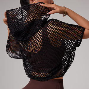 Women Short Sleeve Mesh Hooded Tshirts 92% Polyester 8% Spandex Sports Yoga <strong>See</strong> <strong>Though</strong> Tshirts Fishnet <strong>Tops</strong> - Product Image 4
