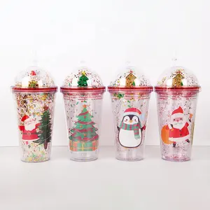 Copo pinguim da árvore de natal, copo de palha de plástico para crianças, para natal, série de papai noel, com lantejoulas, copo redondo