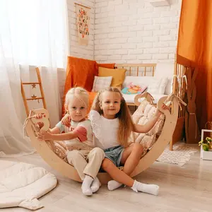 Children Wooden Balance Rocking Rainbow Bed Climbing Interactive Arch Rocking Chair Montessori Educational Toy Rainbow Ladder