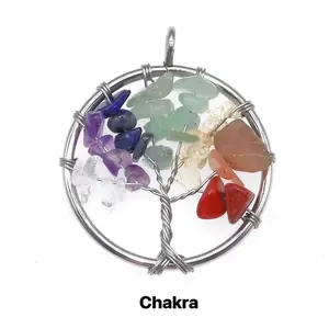 hand made natural stone chips tree stainless steel wire winding beaded tree of life pendant.