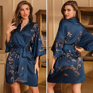 Yaoting, camisón de verano para mujer, elegante, Floral, satén, gasa, cárdigan fresco, albornoz, cierre de cintura elástica, frente a la Logo-WP3371 - Product Image 3