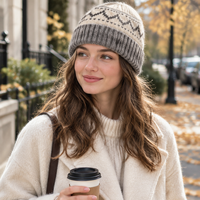 Bonnet tricoté jacquard chaud d'hiver pour femme, motif Fair Isle, bord roulé, style vintage, vente en gros, logo personnalisé