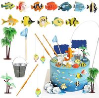 Lot de 20 décorations de gâteau sur le thème de la pêche : canne à pêche, filet, seau, poisson, palmier – Fournitures de fête d'anniversaire pour garçons et hommes en extérieur