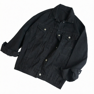 Veste en jean noire pour femme, coupe classique, boutonnée, couleur unie, style décontracté, vêtement d'extérieur pour l'automne, manches longues, en coton tissé - Product Image 1