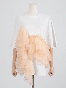 Haut Streetwear d'été pour femmes nouveau t-<span class=keywords><strong>shirt</strong></span> à manches courtes <span class=keywords><strong>de</strong></span> couleur unie avec patchwork polyvalent à volants bord maille coupe ample - Product Image 2