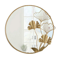 Miroir mural rond en fer doré, miroir décoratif 3D à feuilles florales, miroir mural suspendu pour entrée, salon