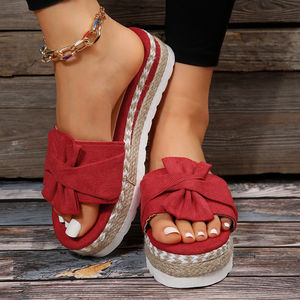 2025 <b>Summer</b> New <b>Wedge</b> Bow <b>Sandals</b> Women's Beach Thick-soled Hemp Rope Plus Size Slippers - Product Image 4