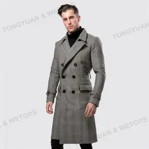 2023 High Quality Oversized Fit Men's Coat Fashion Double Breasted Grey Checked Trench Coat For Men