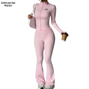 Aoyema Abbigliamento Sportivo da <span class=keywords><strong>Donna</strong></span> Personalizzato MOQ 1pz Colletto Alto con Zip <span class=keywords><strong>Tuta</strong></span> Aderente ad Alta Elasticità <span class=keywords><strong>Pantaloni</strong></span> a Zampa Set 2 Pezzi - Product Image 1