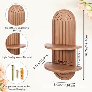 Wooden <b>Wall</b> <b>Mounted</b> Candle Holder Display Rack Arched Double Layer <b>Shelf</b> Vase Stand Natural Wood Color Geometric Design - Product Image 2