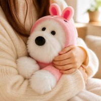 Peluche Virale Kawaii Chien West Highland Rose avec Capuche Lapin, Jouet Doux en Peluche pour Enfants, Cadeau d'Anniversaire