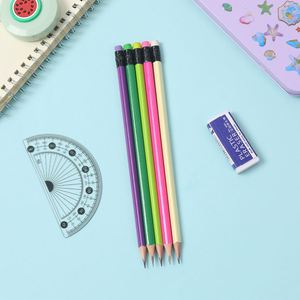 Fournitures scolaires et de bureau, ensemble de crayons peints, 7 pouces, HB, triangle, couleur fluorescente, crayon en bois de peuplier avec gomme de couleur - Product Image 2