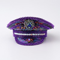 Casquette militaire en polyester à motif à carreaux violet irisé, entièrement incrustée de strass, rivets accrocheurs pour fête d'anniversaire