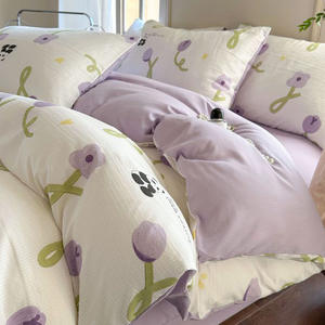 طقم مفرش سرير مطبوع بأشكال نباتية من القطن Seersucker مفرش مخصص 4 قطع مع غطاء وسادة لغرفة النوم - Product Image 5