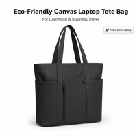 Tas Tote Kanvas Hitam dengan Logo Custom, Kompartemen Laptop 15.6 inci, Tahan Air, Kapasitas Besar, Tas Selempang Kerja Wanita untuk Bisnis