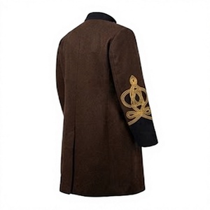 Abrigo de lana marrón para hombre, estilo frac, doble botonadura, abrigo histórico con mangas bordadas. - Product Image 4