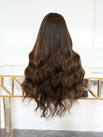 Perruque mi-tête en cheveux européens Kingdom Brown avec mèches caramel, fabriquée à la machine, sans dentelle, pour femmes souffrant de perte de cheveux