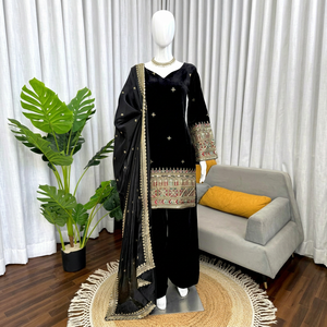 Conjunto de Salwar Kameez de Terciopelo Negro Bordado, Traje de Kurta Pajama para Mujer, Estilo Pakistaní e Indio, para Bodas y Fiestas - Product Image 1