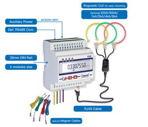 Compteur d'énergie intelligent triphasé SDE430-R 2000A avec bobine Rogowski, affichage du courant et de la tension WIFI/RS485 sur rail DIN, analyseur de puissance - Product Image 3