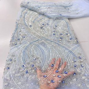 Tissu de robe de cérémonie haut de gamme, tissu brodé de sequins haute densité pour robe de mariée, tissu brodé de perles multicolores. - Product Image 5